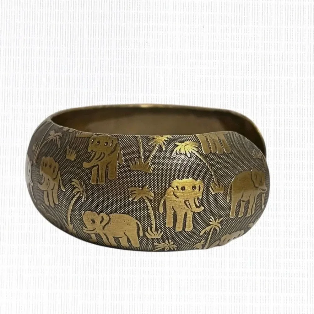 Vintage Bronze Tone Metal Cuff Bracelet Elephant Trees Jungle Safari Adjustable